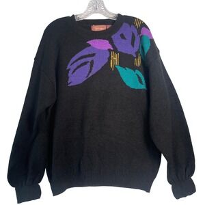 VTG Worthington Floral Graphic Sweater 1X Black‎ Bold Print Made in Korea 80s